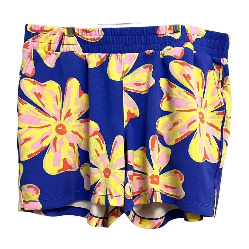 LuLaRoe Shorts Womens 2XL Blue Yellow Pink Floral Elastic Waist Pockets Tropical